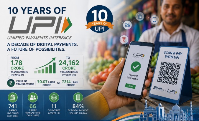 10 years of UPI in India, illustrating the growth of digital payments from 1.78 crore transactions in FY2016-17 to 24,162 crore in FY2025-26.