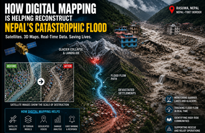 Digital mapping illustration showing Nepal’s catastrophic flood, with satellite imagery, 3D terrain mapping, glacier collapse, flood paths and devastated Himalayan settlements