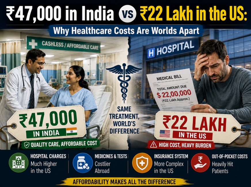 Healthcare cost comparison between India and the United States showing ₹47,000 treatment costs in India versus approximately ₹22 lakh in the US.