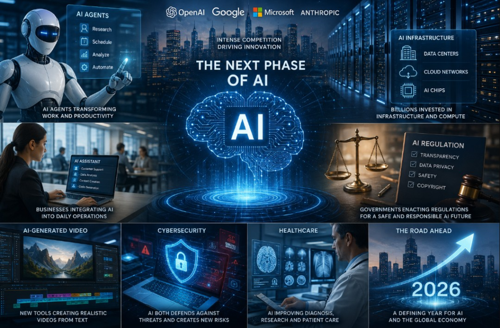 A futuristic illustration of artificial intelligence featuring AI agents, data centers, cloud infrastructure, cybersecurity, healthcare, AI-generated video, and regulatory symbols, representing the next stage of AI industry growth.