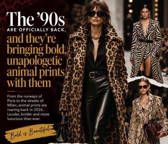 Models wearing leopard, zebra and snakeskin fashion illustrating the return of bold animal prints for Fall 2026.
