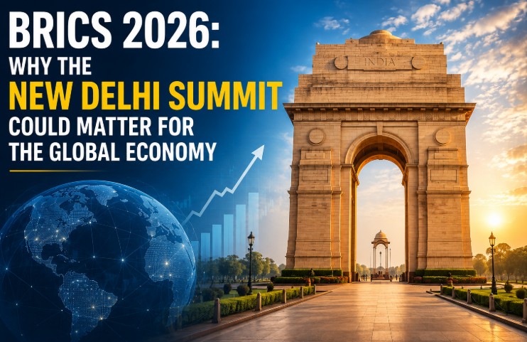 BRICS 2026 New Delhi Summit illustration featuring India Gate, a connected digital globe and rising economic graph representing global trade and economic cooperation