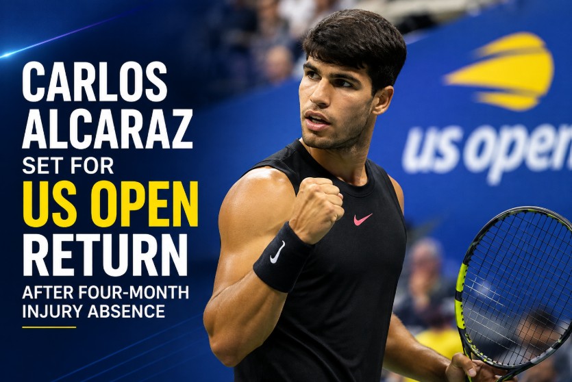 Carlos Alcaraz holding a tennis racket ahead of his US Open return after a four-month injury absence.