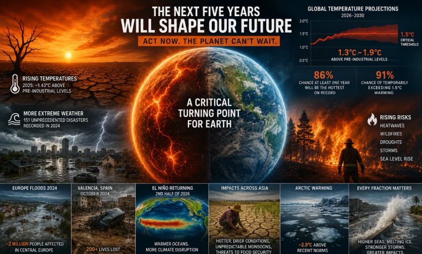 A conceptual climate change illustration showing a warming Earth surrounded by drought, floods, wildfires, melting Arctic ice, extreme weather, and temperature projections, highlighting the growing impacts of global warming.
