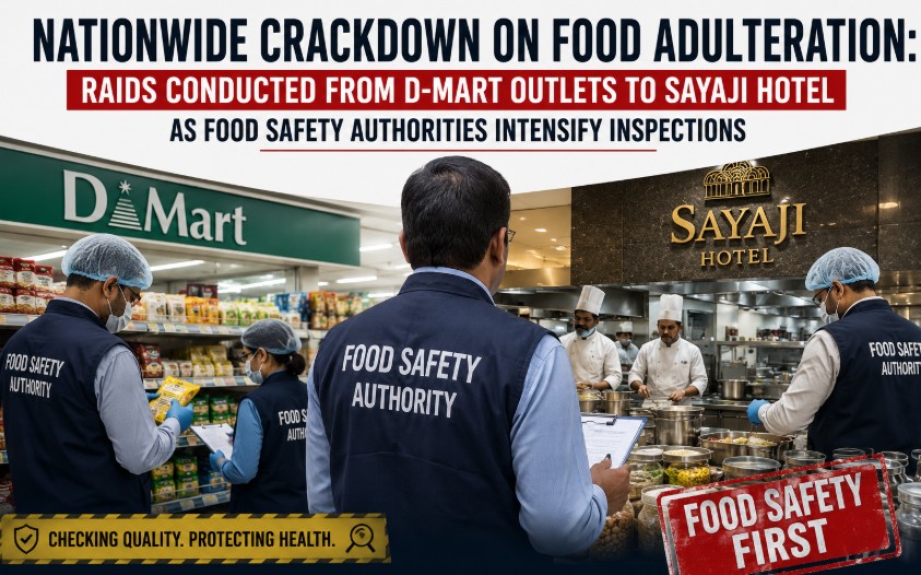 Food safety officials inspecting supermarket products and a hotel kitchen during a crackdown on food adulteration in India