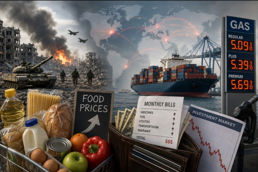 A conceptual editorial illustration showing a war-torn city with tanks and smoke on one side, a global trade map and cargo ship in the center, and a shopping cart, wallet, fuel price board, monthly bills, and investment chart in the foreground, symbolizing how armed conflicts increase the cost of living worldwide.