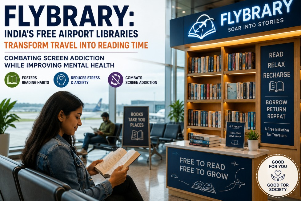 Flybrary free airport library in India encouraging travelers to read books, reduce screen time and support mental well-being while waiting for flights.