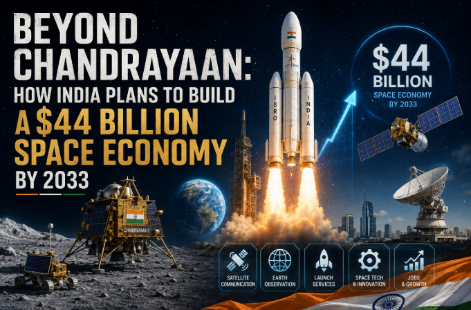 India’s space economy vision featuring Chandrayaan, an ISRO rocket launch, satellites and a $44 billion space economy target by 2033.