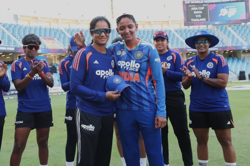 India Women’s cricket team players celebrate on the field during the Women’s Asia Cup 2026 in Dubai.