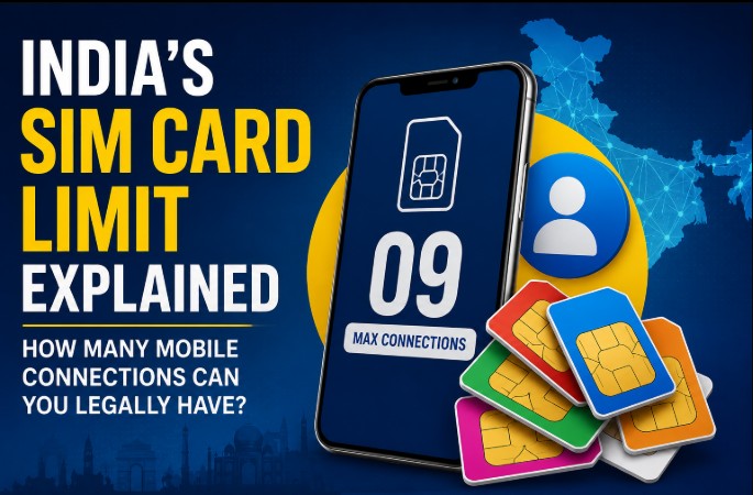 India’s SIM card limit explained, showing a smartphone, multiple SIM cards and a map of India highlighting the maximum nine mobile connections allowed for most users