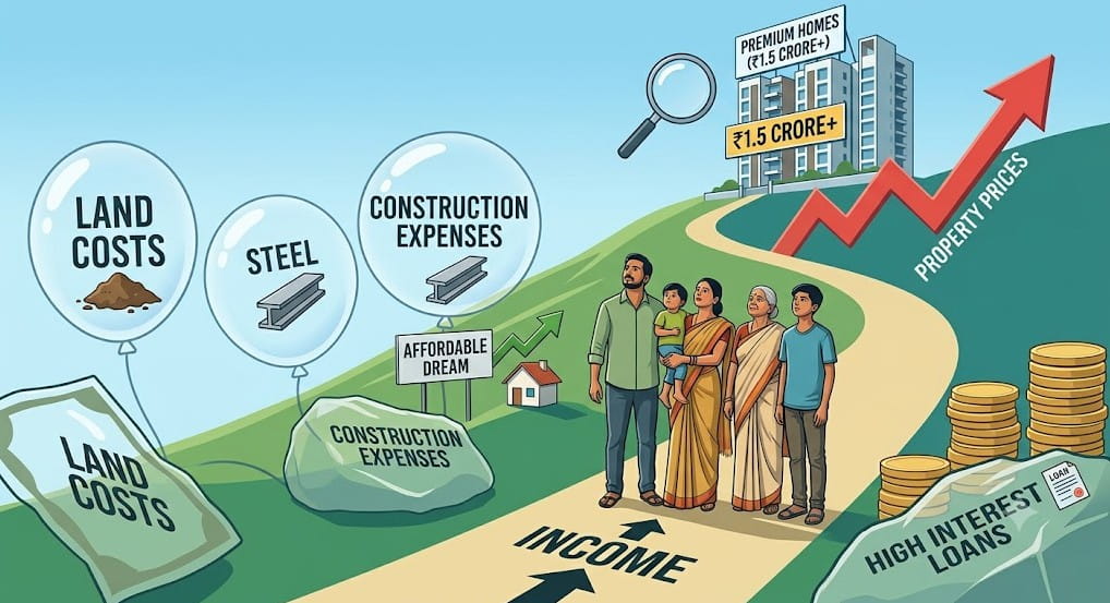 An illustration depicting the housing affordability struggle in India. An Indian family stands on a path labeled "INCOME" looking up a steep hill toward luxury high-rise apartments labeled "PREMIUM HOMES (₹1.5 CRORE+)". A sharp red arrow labeled "PROPERTY PRICES" shoots upward alongside them. The family's path is blocked by heavy boulders and floating balloons representing obstacles like "LAND COSTS," "STEEL," "CONSTRUCTION EXPENSES," and "HIGH INTEREST LOANS," while a tiny house labeled "AFFORDABLE DREAM" sits off to the side.