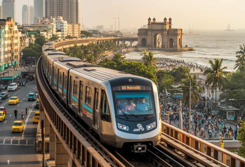 Mumbai Metro train running on an elevated corridor in Mumbai, representing the Metro Line 7A project facing airport safety concerns and a potential ₹250 crore setback.