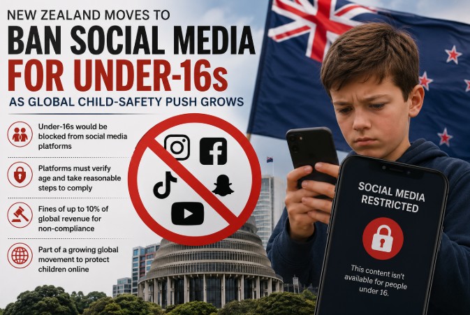 New Zealand under-16 social media ban illustration showing a child using a smartphone, New Zealand flag and restricted social media symbols.