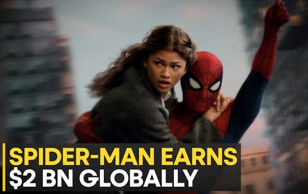 Spider-Man carrying a woman while swinging through a city, with text highlighting $2 billion in global earnings.