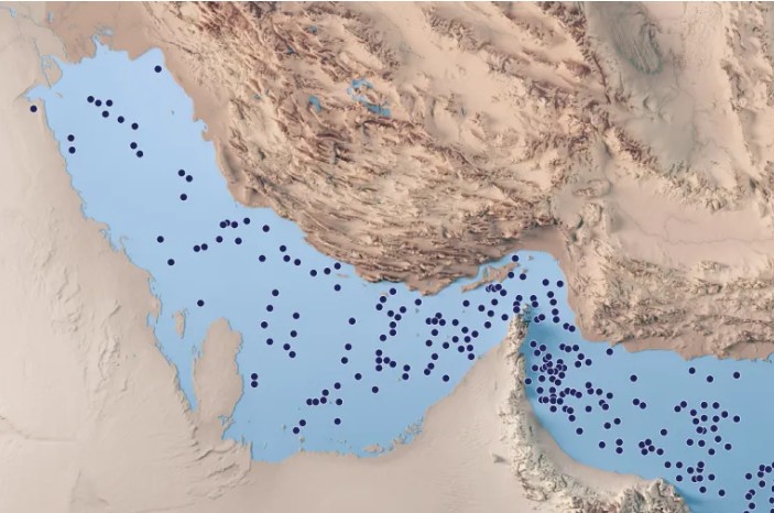 Illustration of naval mines in the Strait of Hormuz as U.S. officials report that only 11 of more than 200 suspected mine-like objects were rea