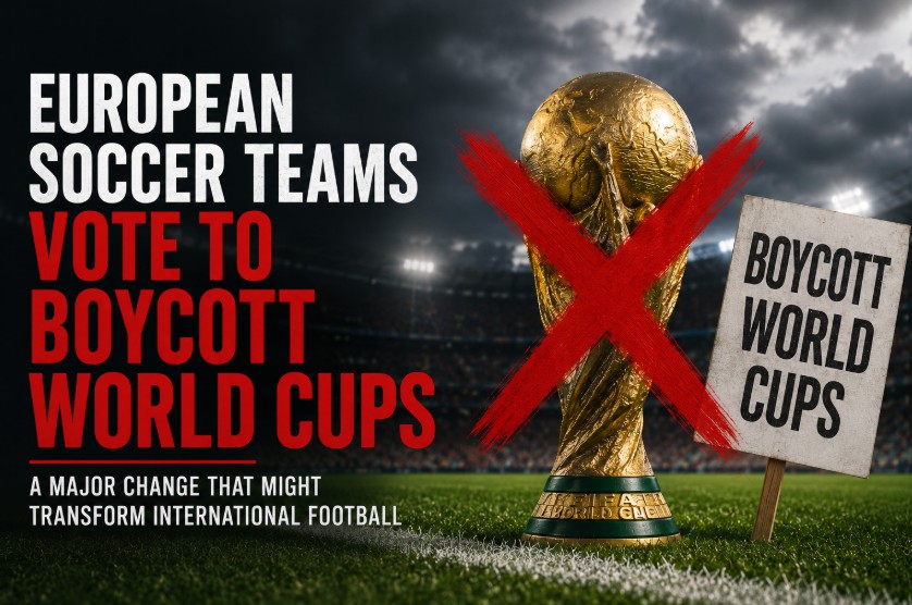 European soccer players standing before a World Cup trophy marked with a red boycott symbol.