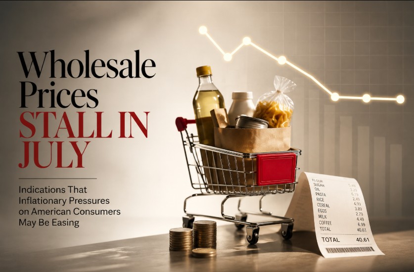 Shopping cart with groceries, receipt and declining price chart illustrating stalled U.S. wholesale prices in July.