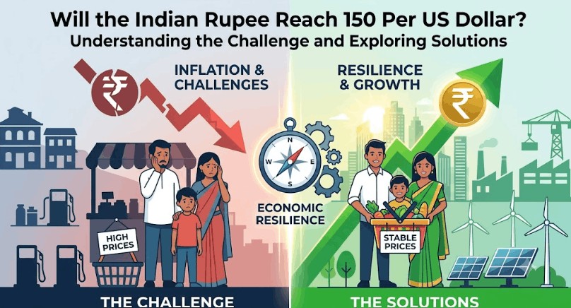 The left side, "THE CHALLENGE," features downward red arrows, distressed citizens facing "HIGH PRICES," and a fractured Rupee symbol representing inflation and economic strain.
The right side, "THE SOLUTIONS," shows an upward green arrow, a prosperous family experiencing "STABLE PRICES," and a glowing, whole Rupee symbol representing growth. A compass in the center connects the two sides, pointing toward "ECONOMIC RESILIENCE."