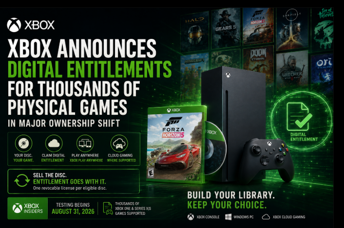 Xbox digital entitlement concept showing a physical game disc, Xbox console and controller alongside digital game access as Microsoft bridges physical and digital ownership.