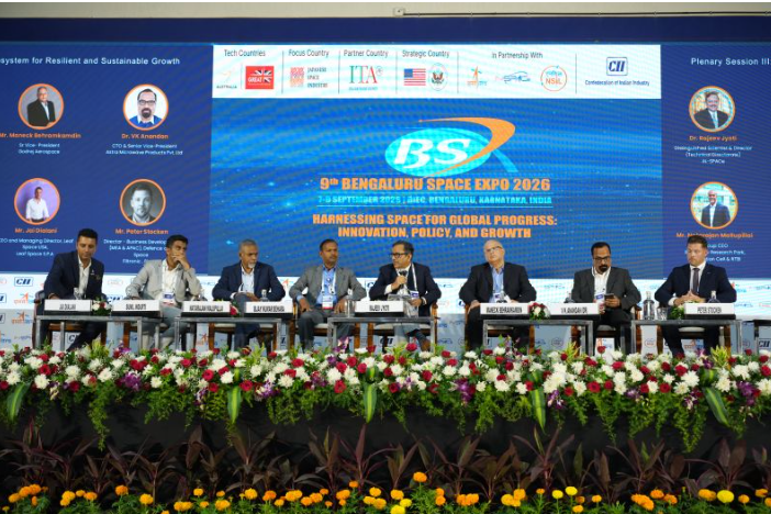 Panel discussion at the 9th Bengaluru Space Expo 2026 showcasing India’s growing ambitions in the global space industry.