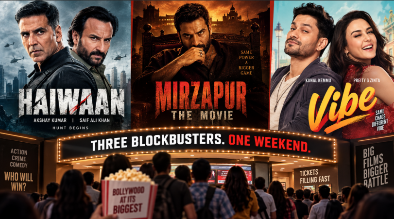 Bollywood War: Three Blockbusters Clash at Box Office Akshay Kumar, Saif Ali Khan, and Kunal Kemmu films compete for September viewers, biggest weekend in Indian cinema faces split audience verdict In September 2026, there will be unprecedented competition in the Bollywood industry, with three major film releases hitting the Indian box offices at the same time, Haiwaan (starring Akshay Kumar and Saif Ali Khan), the crime drama Mirzapur: The Movie, and Vibe (with Kunal Kemmu and Preity Zinta), thus producing what is being described as the highest-stakes multiplex weekend in recent cinema history. Releasing the films at the same time could divide the audience. Whether Indian audiences are willing to have three major releases at once is a topic industry analysts are debating, as is whether having the audience split this way results in lower box office collections for all three films than with spread-out releases. Haiwaan: Action-Packed Akshay Kumar Vehicle The film Haiwaan, starring Akshay Kumar, is meeting high expectations. Since it is being promoted as a fast-paced action drama featuring Akshay Kumar and Saif Ali Khan, it promises to include spectacular scenes, complex set pieces, and the appeal of having the two stars to draw in Akshay Kumar's regular audience. The production budget shows what kind of ambition a project has; the estimated ₹150 crore that has been allocated to production and marketing at Haiwaan involves a considerable financial risk and therefore demands a very strong performance at the box office in order to become profitable, this in turn puts pressure on the targets for the opening weekend. The early response from audiences seems promising, since advance ticket bookings have shown Haiwaan taking up 35 per cent of the available screens in multiplexes in the major cities, which shows that the cinema chains believe there to be strong public demand and that the film will be commercially viable. Mirzapur: The Movie’s Streaming-to-Cinema Transition Mirzapur is an example of an experimental release strategy. When Prime Video adapted its popular series for the big screen, it tried something never done before by moving from streaming to cinema, on the basis that the loyal fan base acquired over three seasons of OTT content would also show up in cinemas. The production quality remains higher than that of streaming services. The theatrical film had a production cost of ₹80 crore and included cinematic scope, longer action sequences, and an improved visual presentation that goes beyond what is possible with streaming television, this being the reason for the higher prices charged in cinemas. There is apparently strong excitement among people before the release. The buzz on social media about Mirzapur: The Movie suggests that fans are looking forward to it enthusiastically, with dedicated viewers of the series deciding to go to the cinema even though other films are coming out at the same time. Vibe: Dark Comedy Featuring Preity G Zinta The film Vibe, by Kunal Kemmu, provides a tonal contrast. Although it is promoted as an action-comedy featuring physical humor, clever dialogue, and surprising plot twists, it is aimed at viewers who want something lighter than the serious action-drama offered by its two rivals. The fact that Preity G Zinta is making a return causes a great deal of interest; her comeback to the screen after a long break appeals to audiences who are nostalgic for the earlier phase of her career while at the same time bringing her talent to the attention of younger people who are not familiar with her filmography. The fact that Vibe's production budget is ₹45 crore suggests that the film has a moderate level of risk when compared with its competitors, since break-even can be achieved by combining theatrical box office receipts with the sale from digital streaming rights after the theatrical run. Screen Allocation and Theater Competition Multiplex chains have to make difficult decisions regarding allocations. The big theater chains, such as PVR, IMAX and Cinepolis, spread their premium screens over three film releases, so that the competitive box office performance of each film depended on how the screens were allocated in terms of quality and seating capacity. Observers in the industry noticed that the screens had been allocated strategically in a way that showed the level of confidence held by the distributors, with 40% of the premium screens going to Haiwaan, 35% going to Mirzapur, and 25% going to Vibe, thus establishing different advantage levels that have an impact on collection potential. Expert Predictions and Box Office Forecasts Industry analysts expect the results to be split. The predictions for box office takings vary greatly, since in the more optimistic cases the total weekend earnings are expected to be between ₹120 and ₹150 crore (together), whereas the more pessimistic estimates cautions that the takings might fall short if audience fragmentation stops any one film from gaining strong momentum. Trade analysts are especially worried regarding the effect on the box office revenues of smaller towns, since single-screen cinemas cannot show three films at the same time and are therefore forced to decide which of the competing films to show on their single screen. Audience Sentiment and Consumer Interest Analysis of social media shows what people prefer, with the engagement figures on Instagram, Twitter, and YouTube indicating that the most interest was shown for Mirzapur: The Movie (85 million video views), then Haiwaan (72 million views) and finally Vibe (45 million views), this suggests that public interest influences market performance in a pyramid structure. Engagement figures do not always match with box office receipts, since different audience groups have different preferences about whether to watch content via streaming or in theatres. Marketing Expenditure and Promotional Blitzes The amount spent on marketing exceeds the cost of production. The total marketing expenditure across three films amounts to ₹95 crore, achieved through television advertisements, digital advertising, theatre promotions, and celebrity appearances, this has led to a situation in which the audience may be confused or the individual message of each film may be diluted. An analysis of the promotional strategies shows that each film is aimed at a different demographic group, Haiwaan at the general public, Mirzapur at millennial OTT users, and Vibe at families who prefer comedy, thereby lowering direct competition. Weekend Collection Dynamics along with Performance Tracking The trajectory will be determined on Friday; the first-day box office figures provide important indications of momentum, since daily collections exceeding ₹15 crore (for individual films) point to strong audience acceptance and, in turn, aim at sustainable retention during the second weekend. The industry participants will keep a close eye on collection patterns, obtaining data regarding the best theatrical release spacing, audience demand for simultaneous releases, and the market feasibility of streaming-to-cinema transitions. Long-Term Industry Implications The results this weekend have considerable significance in terms of establishing a precedent. Should all three films do well, the industry might adopt simultaneous major releases, thus disrupting traditional release patterns and leading to continuous competition for multiplex allocations. On the other hand, if films released to divided audiences have disappointing box office results, the studios might revert to phased release strategies so that each film receives undivided audience attention and can maximize its box office potential. Word-of-Mouth and Post-Weekend Momentum Critical reviews have a significant effect on sustainability. If a film receives strong critical reviews, it will be able to maintain its collections over the weekend periods following its opening, whereas bad reviews cause a quick loss of audience, making Monday through Wednesday retention an important indicator of the final box office figures. The performance during the second weekend will definitely show which film has managed to attract audiences, keep them pleased through word-of-mouth, and sustain audience loyalty throughout its theatrical run. Conclusion: Bollywood’s Simultaneous Release Gamble The three-film clash is a bold industry experiment. September 2026’s Bollywood weekend will offer definitive answers regarding market capacity for simultaneous major releases, audience segmentation potential, and the optimal strategic release timing to maximize theatrical profitability.