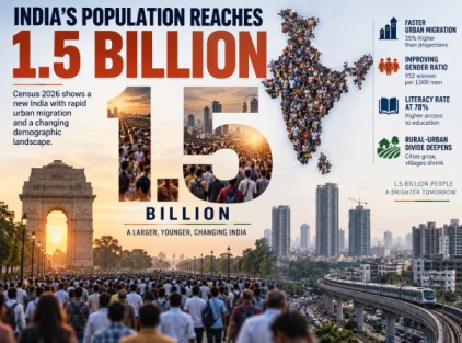 India population infographic illustrating the country reaching 1.5 billion people, alongside rapid urban migration, literacy growth and changing demographic trends.