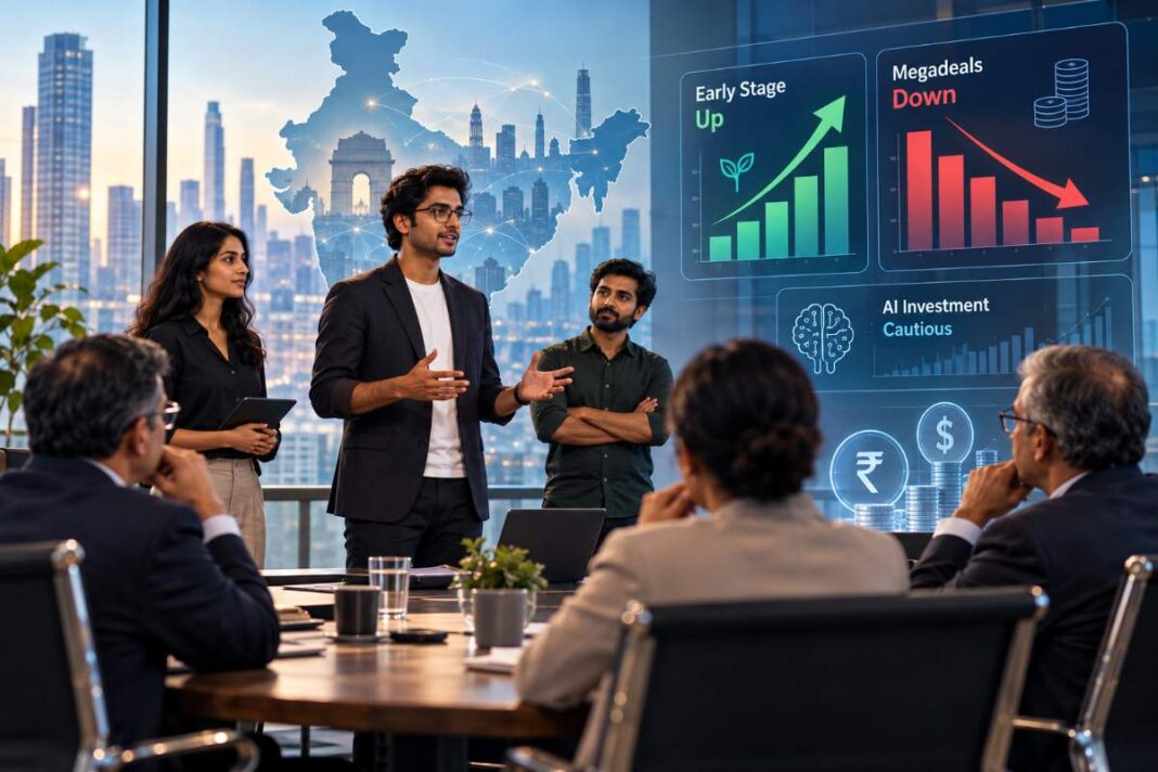 Indian startup founders pitching investors as early-stage funding rises and megadeals decline in 2026