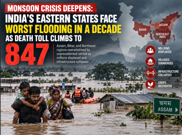 Severe monsoon flooding in eastern India showing submerged communities and rescue operations as Assam, Bihar and Northeast India face widespread flood devastation.