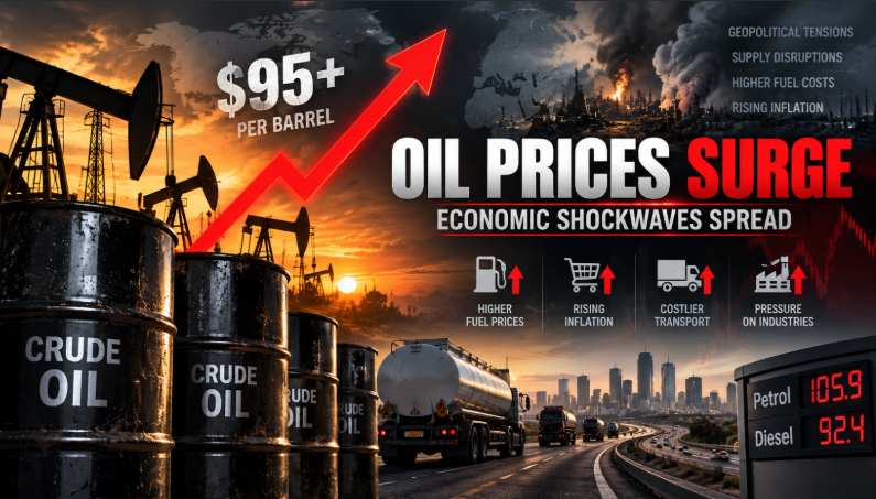 Oil prices surge above $95 per barrel as rising crude costs increase inflation, fuel prices and economic pressure worldwide.