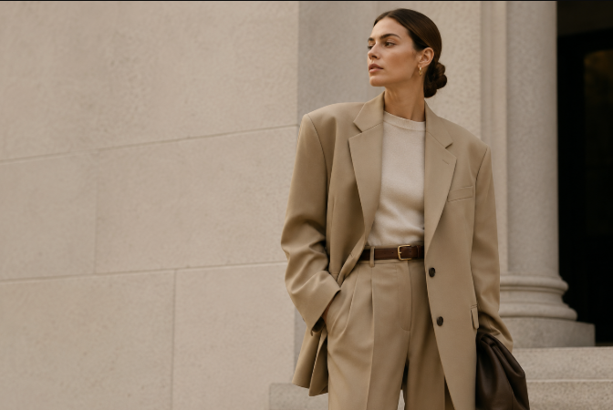 Model wearing an oversized neutral blazer in a minimalist Fall 2026 fashion look.