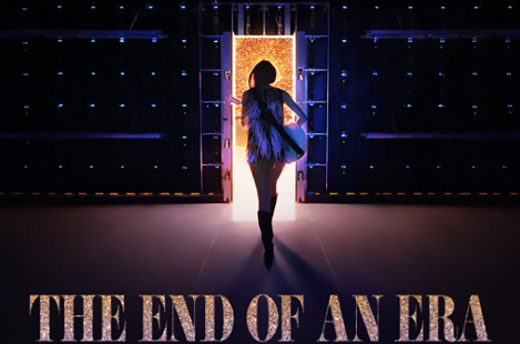 Silhouette of a Taylor Swift walking toward a brightly lit stage in an “End of an Era” concert-themed image.