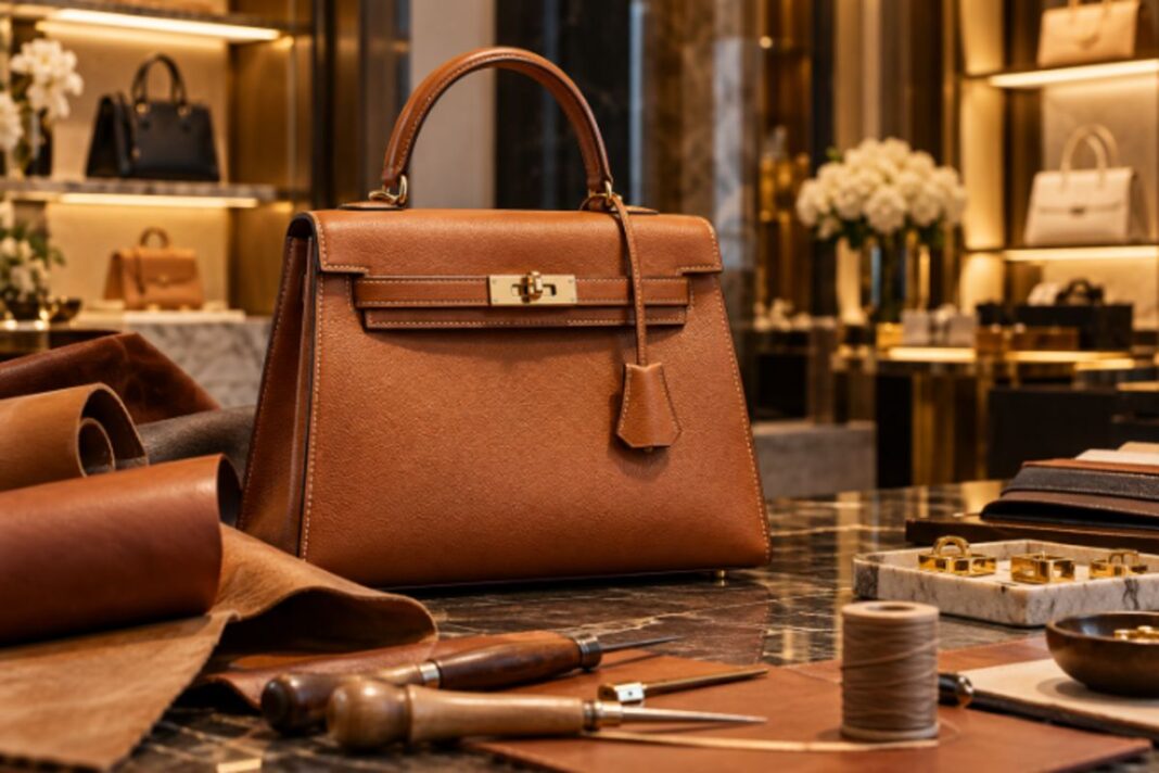 Luxury leather handbag surrounded by artisan tools showing why designer bags cost so much