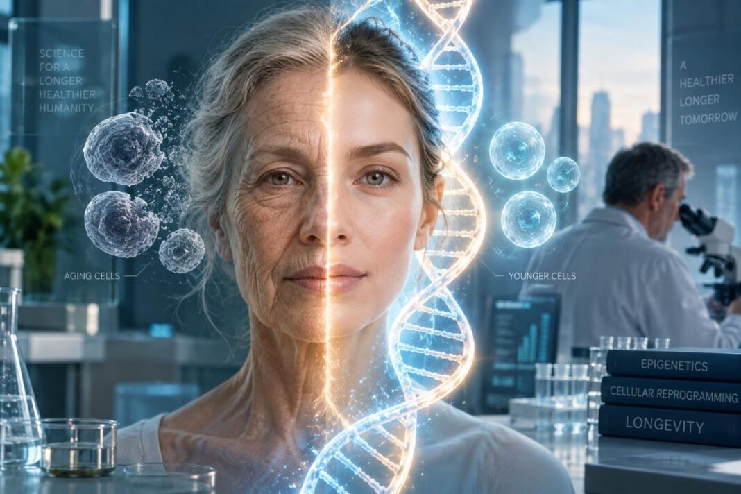 Illustration of cellular reprogramming and research into reversing biological aging