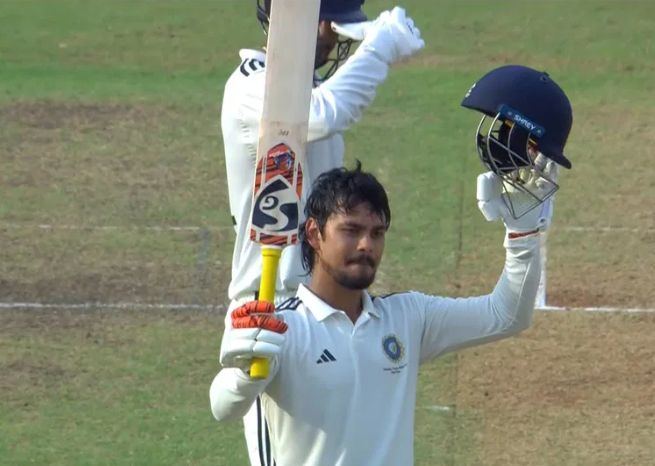 Ishan Kishan celebrates a major Duleep Trophy innings by raising his bat and helmet after scoring 270 in the final.