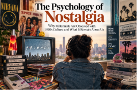 Retro 1990s nostalgia illustration featuring VHS tapes, a CRT television, Tamagotchi, Game Boy, CDs and 90s pop culture as a millennial reflects on the past.