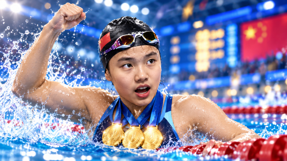 13-year-old Chinese swimmer Yu Zidi celebrates after winning three gold medals at the 2026 Asian Games.