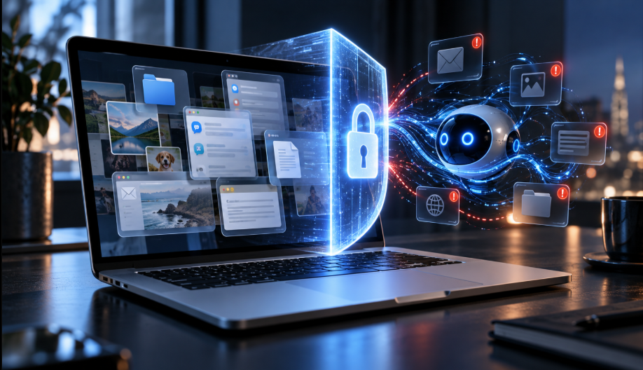 Mac laptop protected by a digital security shield as an AI agent attempts to access personal files, messages and data.