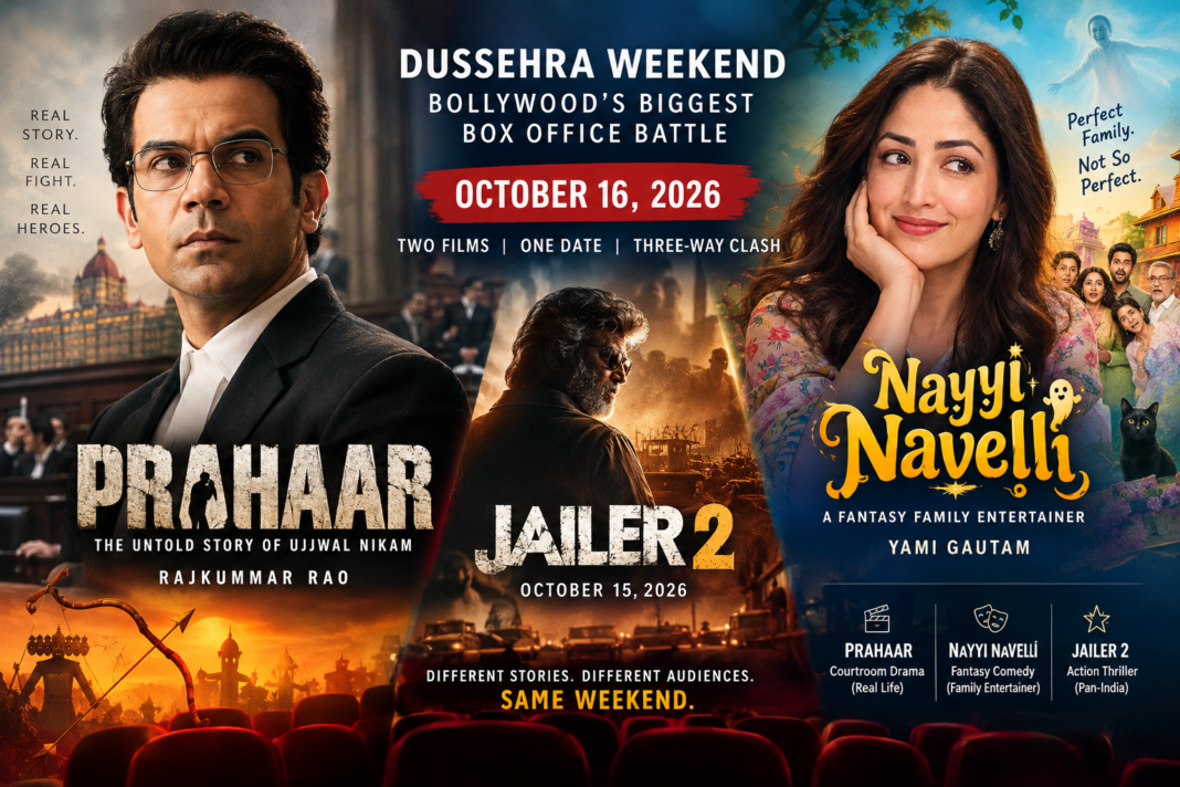 Bollywood Dussehra 2026 box office clash featuring Rajkummar Rao’s Prahaar, Yami Gautam’s Nayyi Navelli and Jailer 2, scheduled for October 15 and 16.