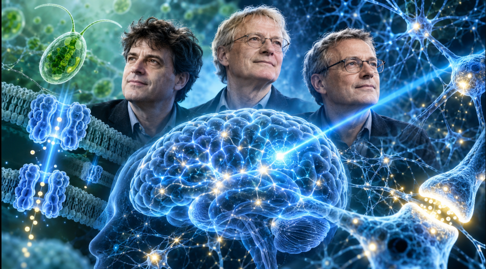 AI illustration of three scientists above a glowing human brain, showing blue light activating neurons to represent optogenetics and the 2026 Nobel Prize in Medicine.