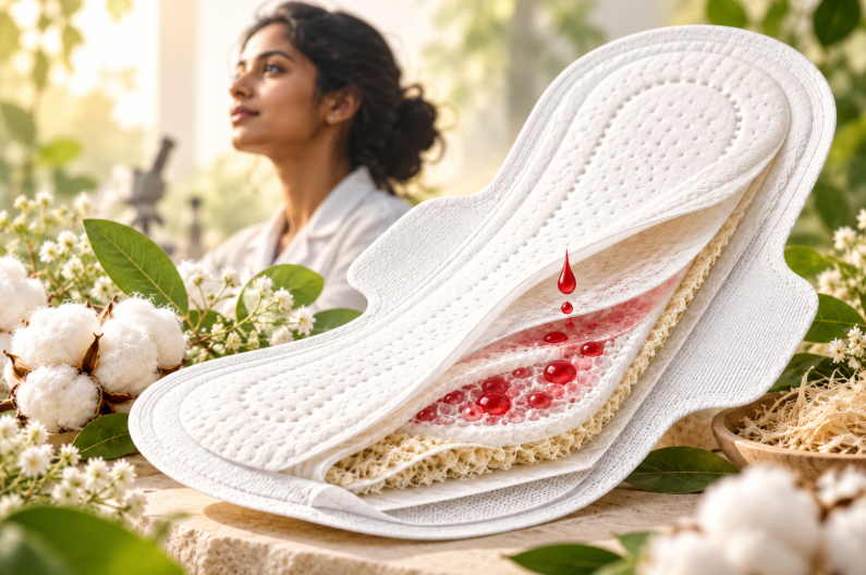 Papaya India plastic-free sanitary pad showing a blood-solidifying absorbent core made with natural materials